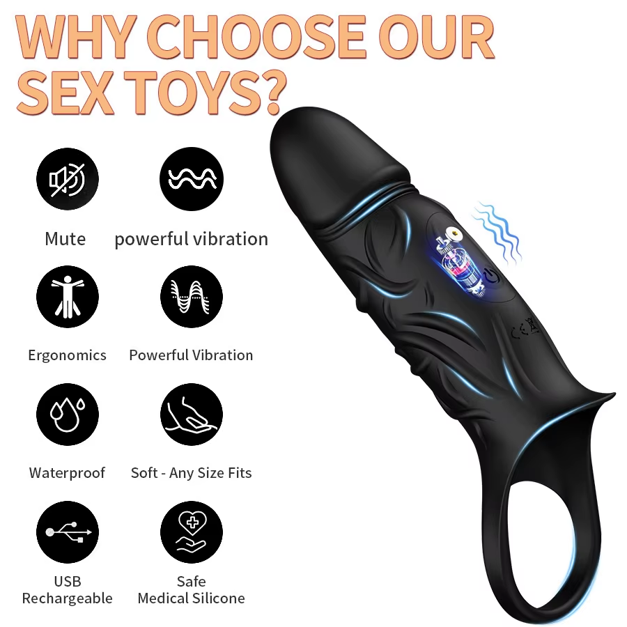 Black Reusable Penis Ring Cook Rings Extender with Intense Motor 10 Vibrator