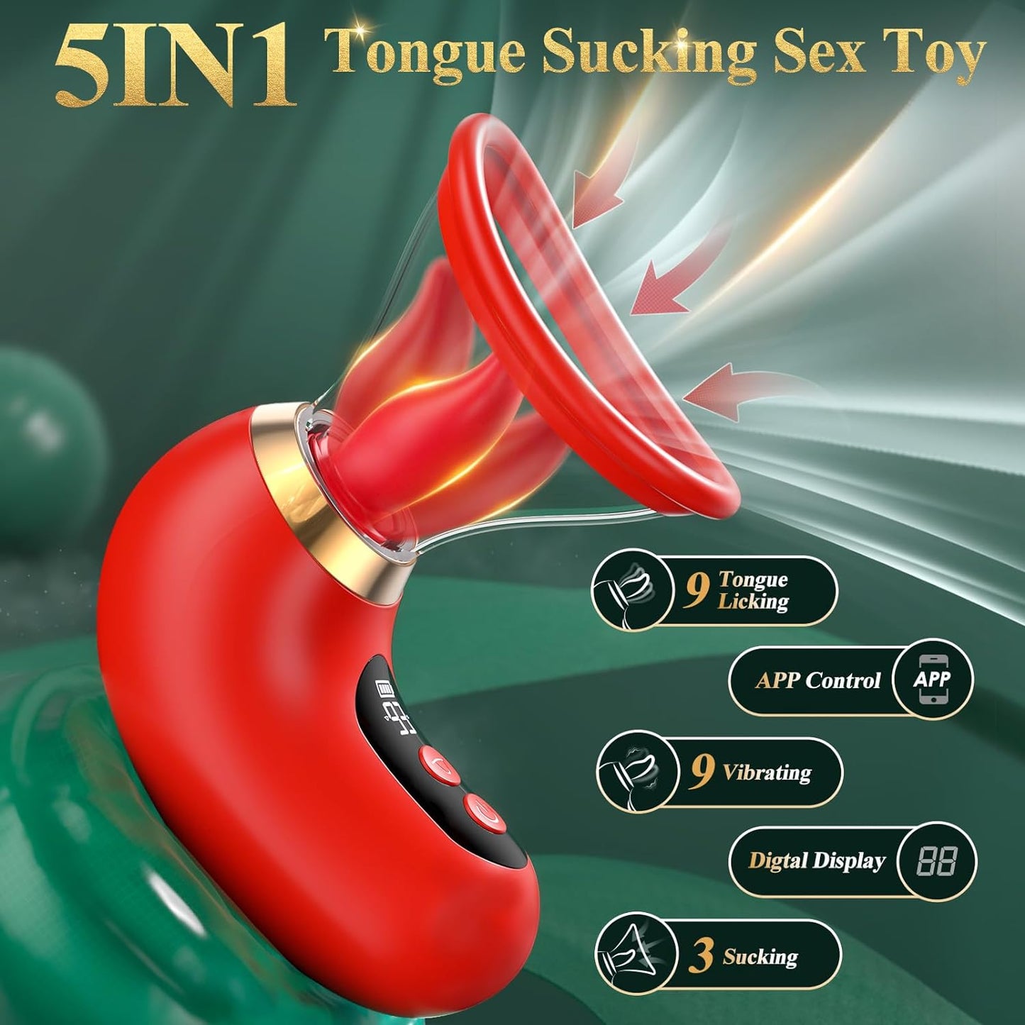 5 IN 1 Rose Vibrator G spot Stimulator with 3 Sucking & 9 Tongue Licking & Vibrating Modes