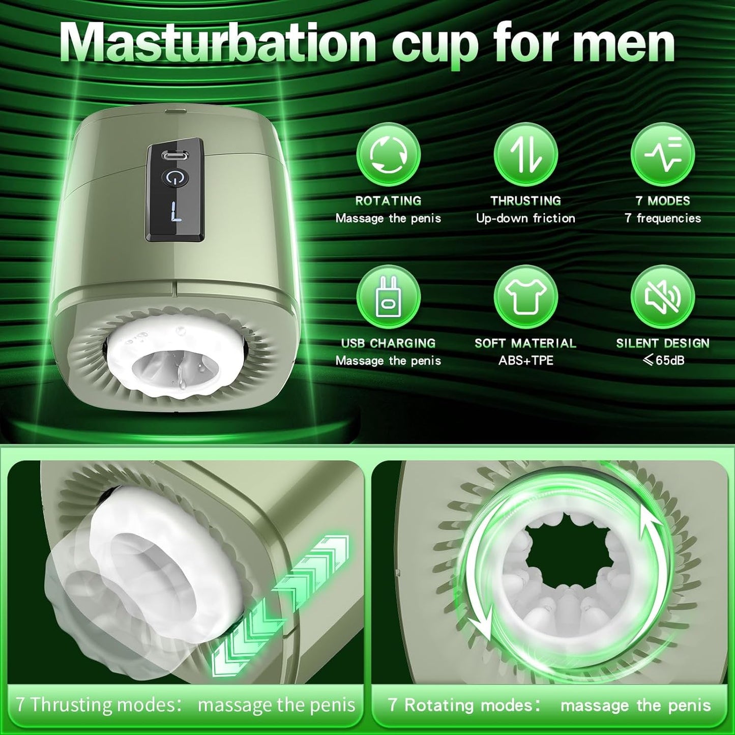 Stroker de tasse de masturbation à double extrémité ouverte avec écran LCD avec 7 modes de poussée et de rotation