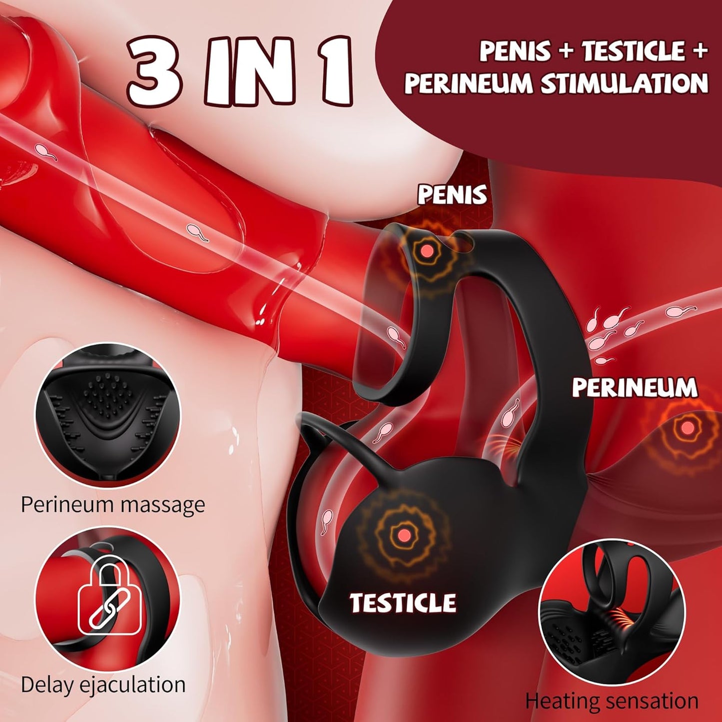 360° Testicle Penis Trainer Cock Ring Glans Stimulator with 9 Vibrating & Heating