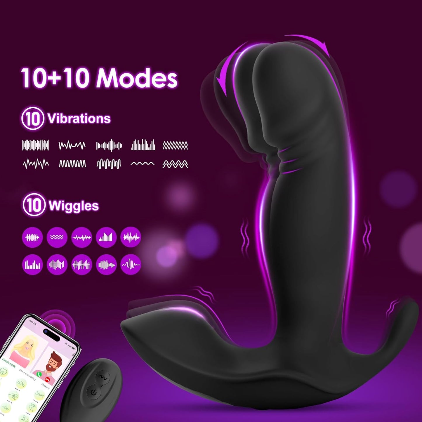 Wearable Anal Vibrator Prostate Massager Stimulator with 10 Wiggling & Vibrating Modes