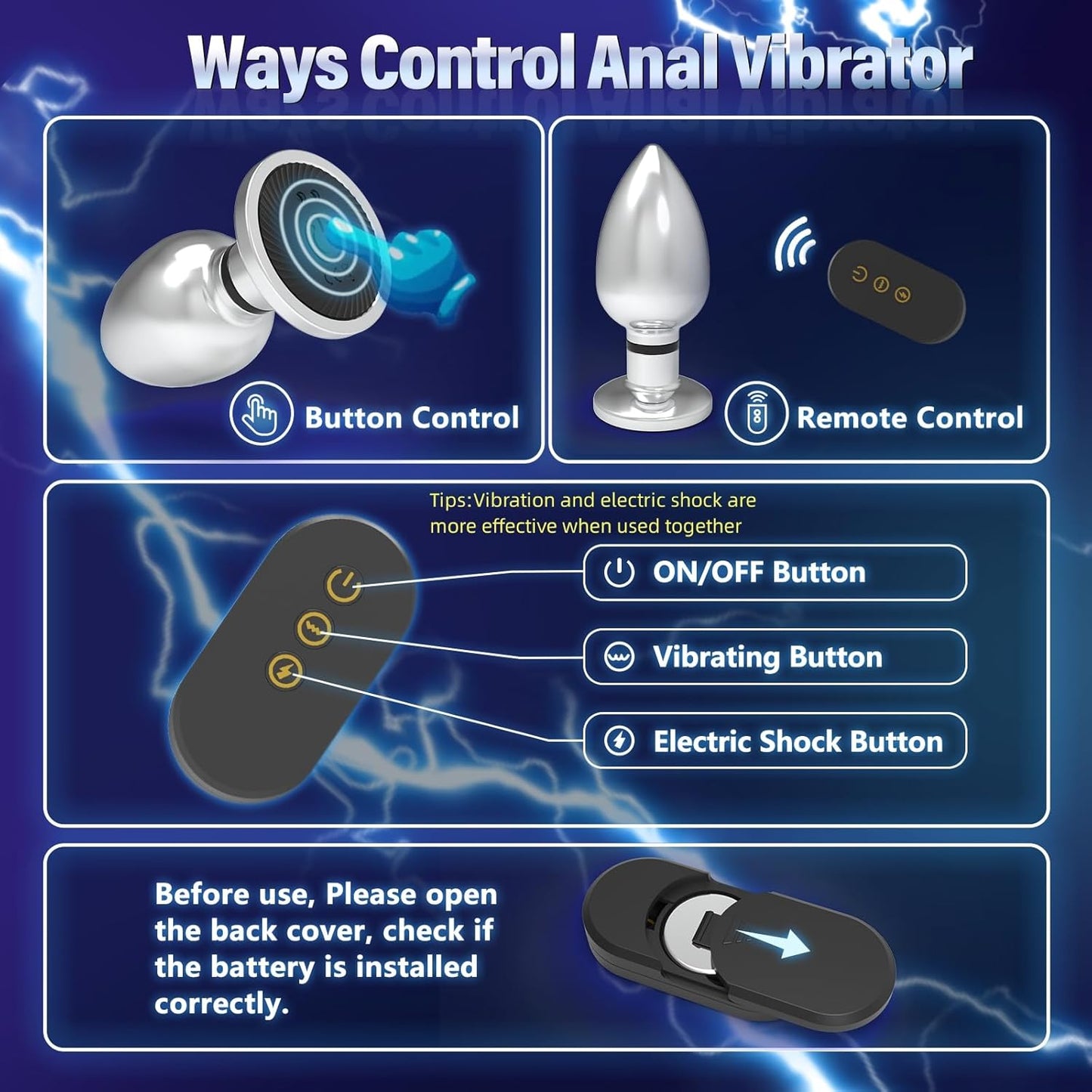 E-stim Metal Anal Plug Prostate Massager with 10 Vibrating & 6 Electric Shock Modes