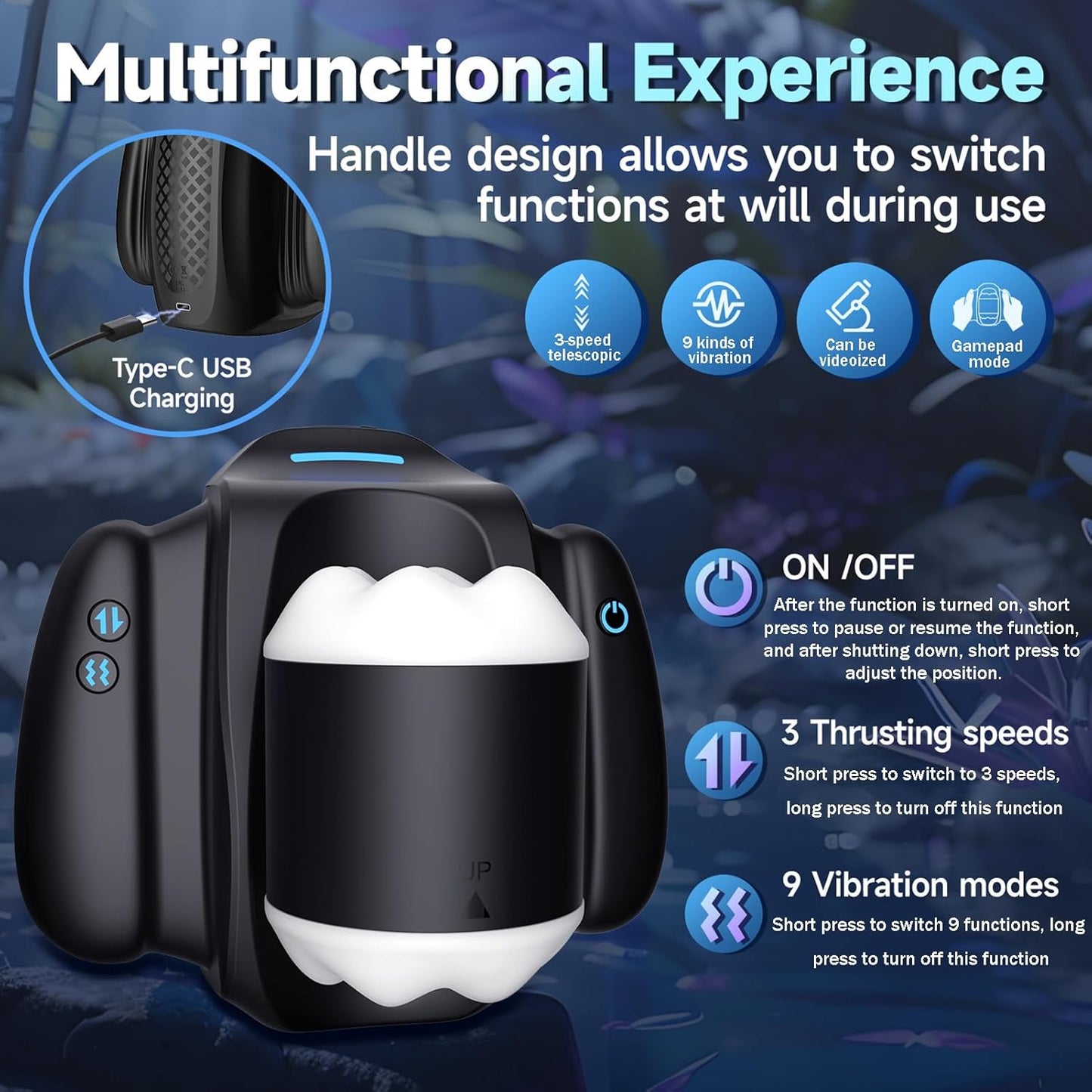 Electric Masturbator Penis Trainer Sex Machine with 3 Telescopic Functions & 9 Vibrations