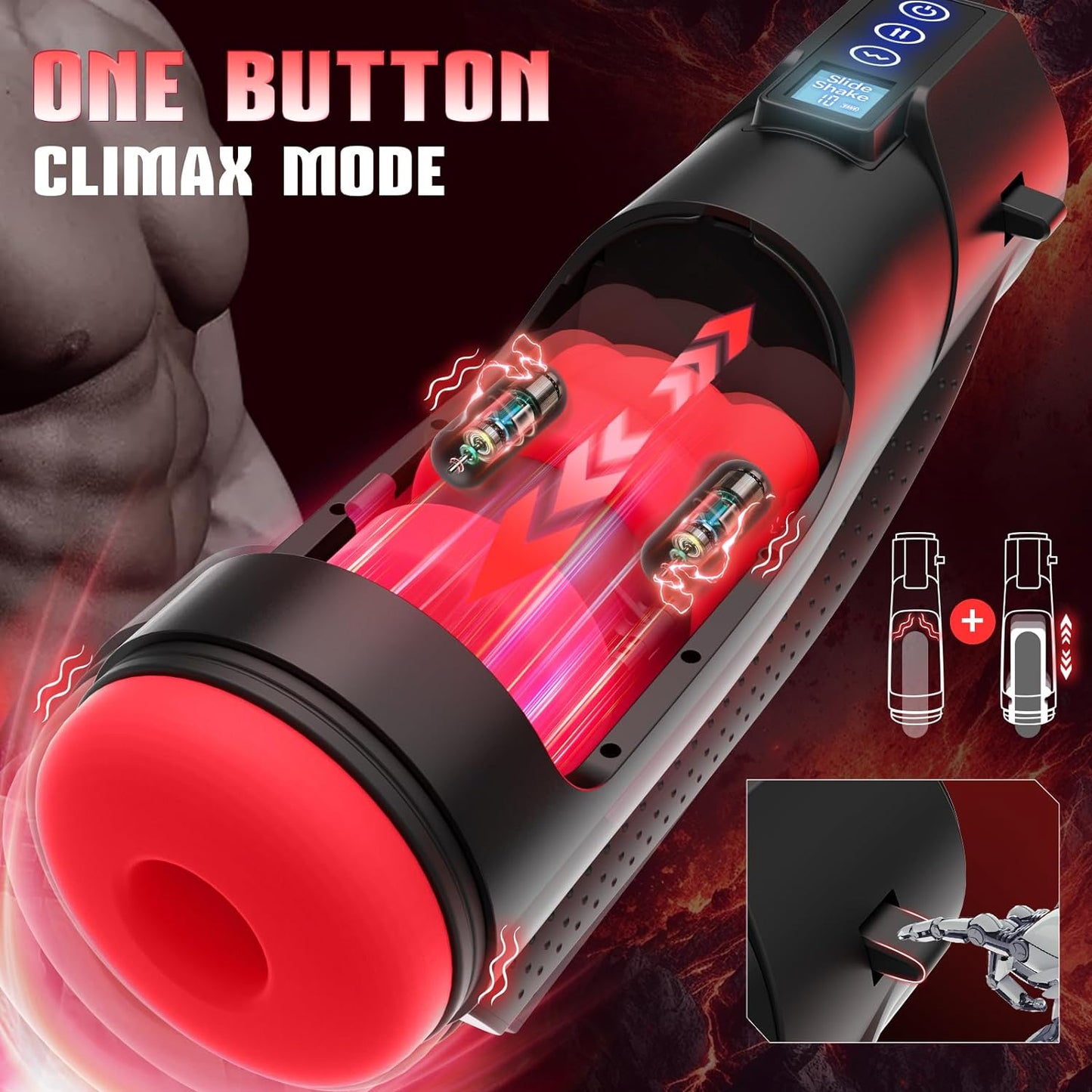 Masturbateur masculin automatique à écran LCD avec 10 vibrations et 8 poussées