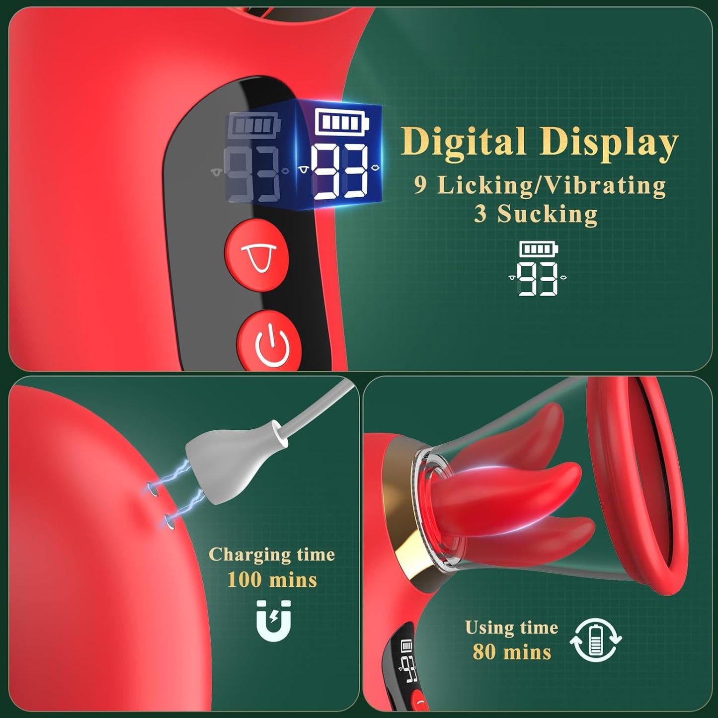 5 IN 1 Rose Vibrator G spot Stimulator with 3 Sucking & 9 Tongue Licking & Vibrating Modes