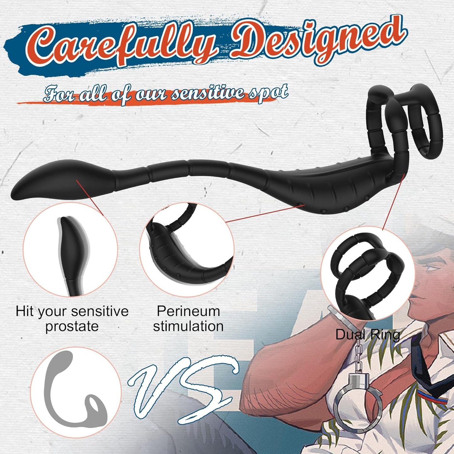 Dual Penis Ring Prostate Massager Anal Vibrator Butt Plug with 9 Vibration Modes