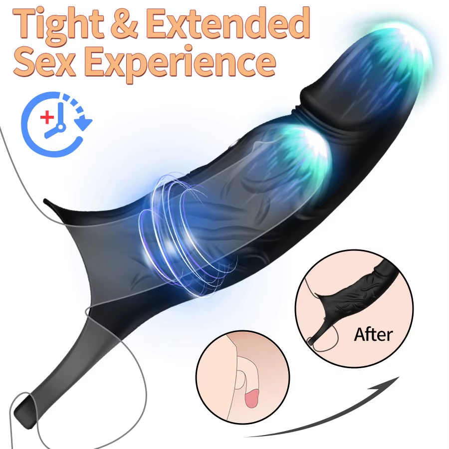 Black Reusable Penis Ring Cook Rings Extender with Intense Motor 10 Vibrator