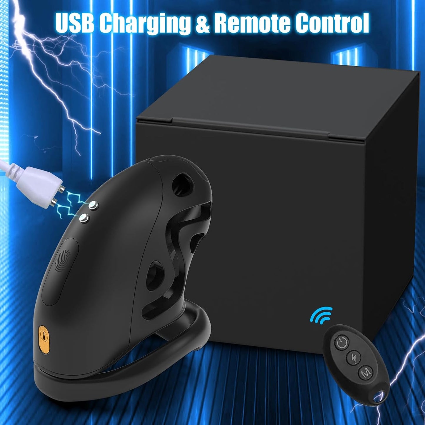 Remote Control Electric Shock Cock Cage Masturbator with 6 e-stim Intensities