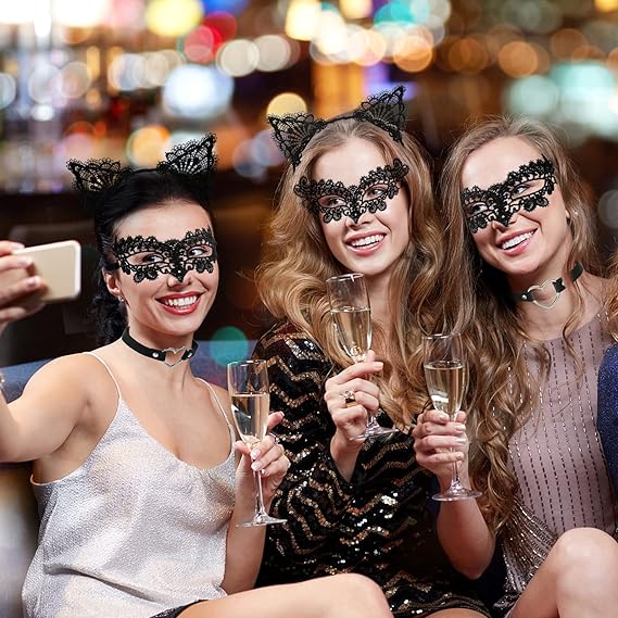 Lace Masquerade Mask Cat Ear Headband with Heart Choker