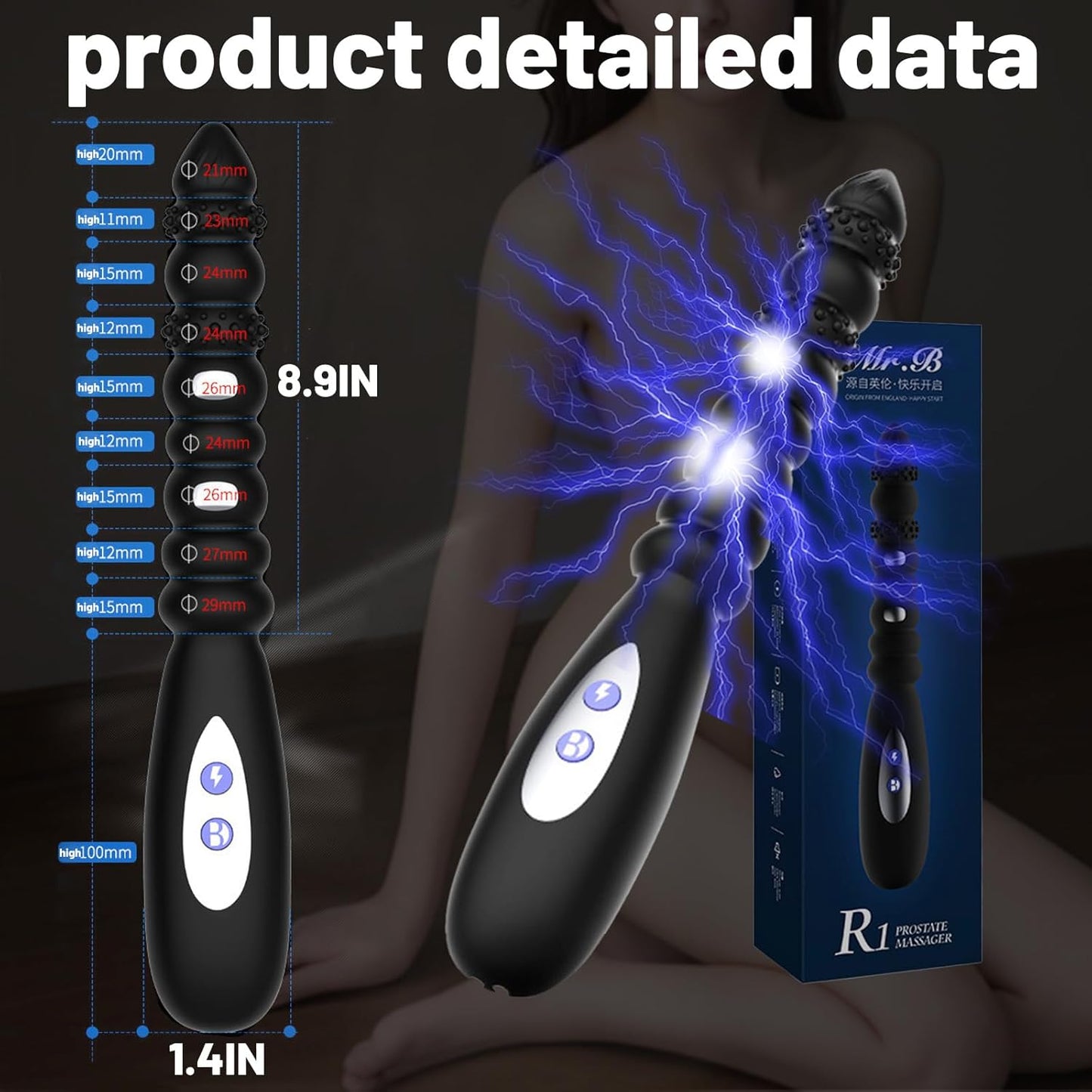 Electric Shock Anal Plug Vibrator Massager with 9 Beads & 10 Vibrations &3 Shock Modes