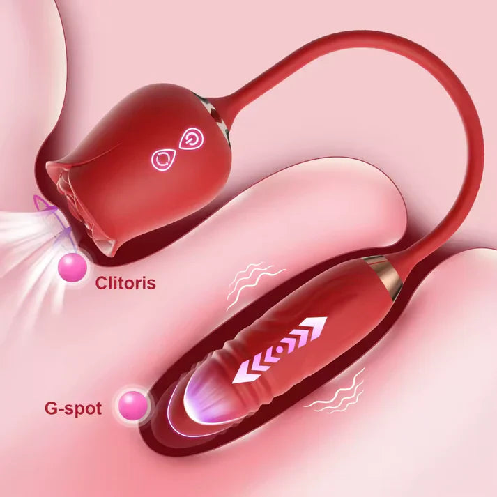 4 IN 1 Clitoris Rose Vibrator Stimulator Dildo Anal Plug with 10 Sucking & 10 Thrusting Modes