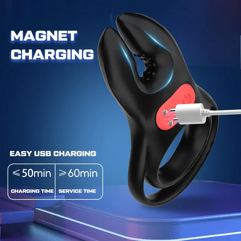 Double Cock Ring Penis Trainer Vibrator Stimulator with 10 Vibration Modes