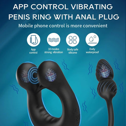 4 IN 1 Anal Vibrator Cock Ring Prostate Massager with 10 Vibration Modes & 3 Motors