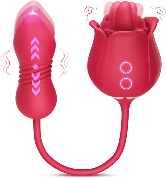 4 IN 1 Rose G Spot Vibrator Nipple Clitoral Stimulator with 9 Tongue Licking & Thrusting