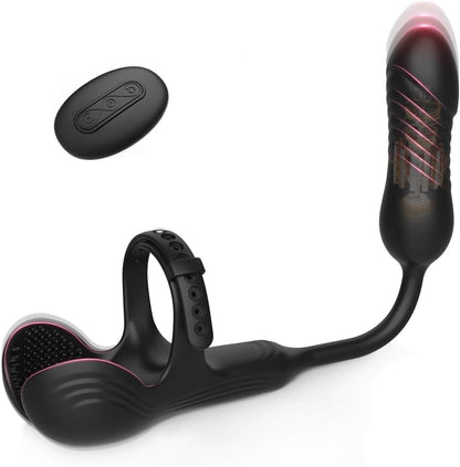 3 IN 1 Prostate Stimulation Cockring Testicle Vibrator Anal Toy with 10 Thrusts & Vibrations