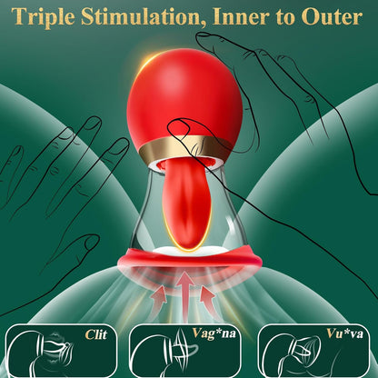 Rose Vibrator G spot Stimulator with 3 Sucking & 9 Tongue Licking & Vibrating Modes