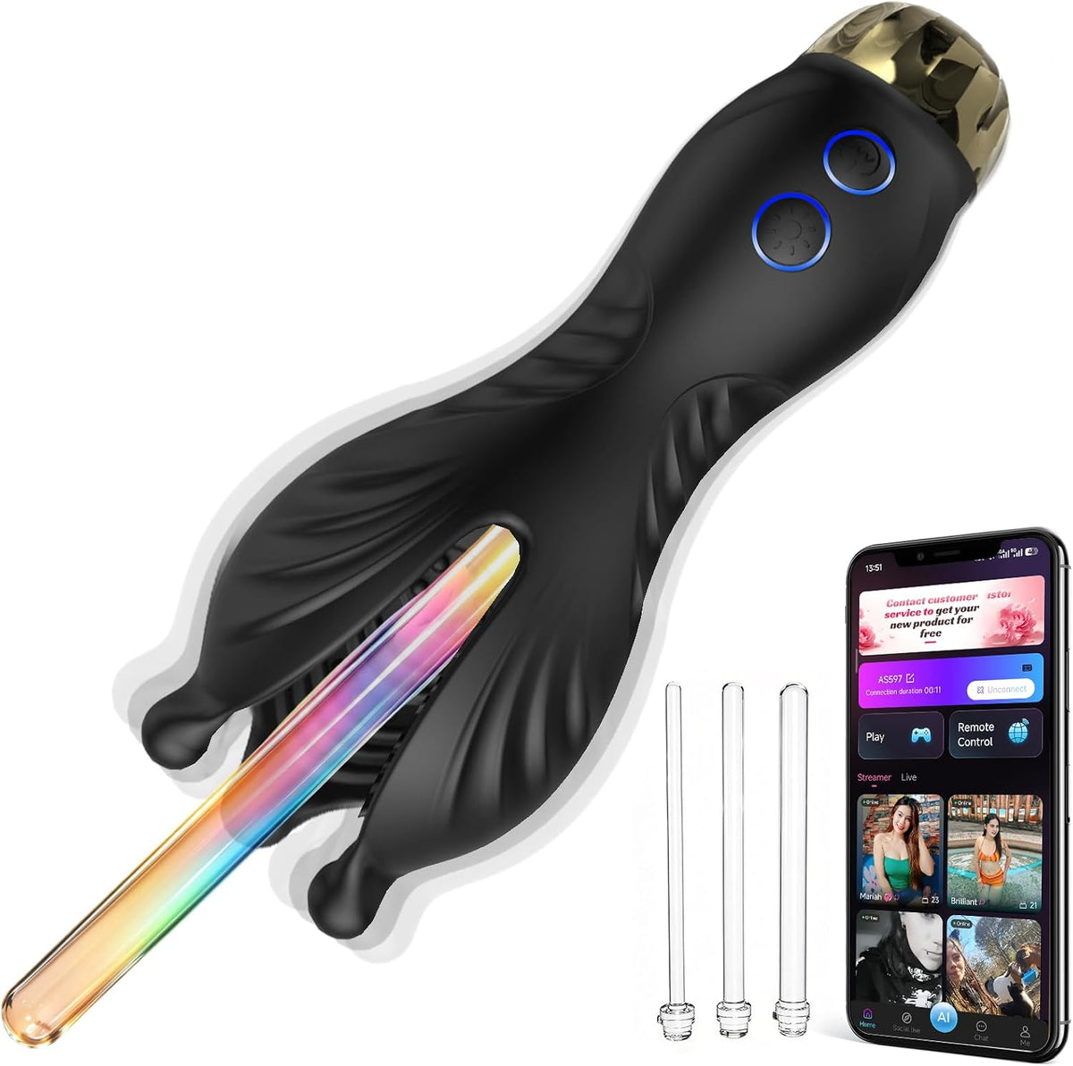 Detachable Urethral Trainer Penis Vibrator Stimulator with 7 LED Colors & 14 Lighting & 10 Vibration Modes