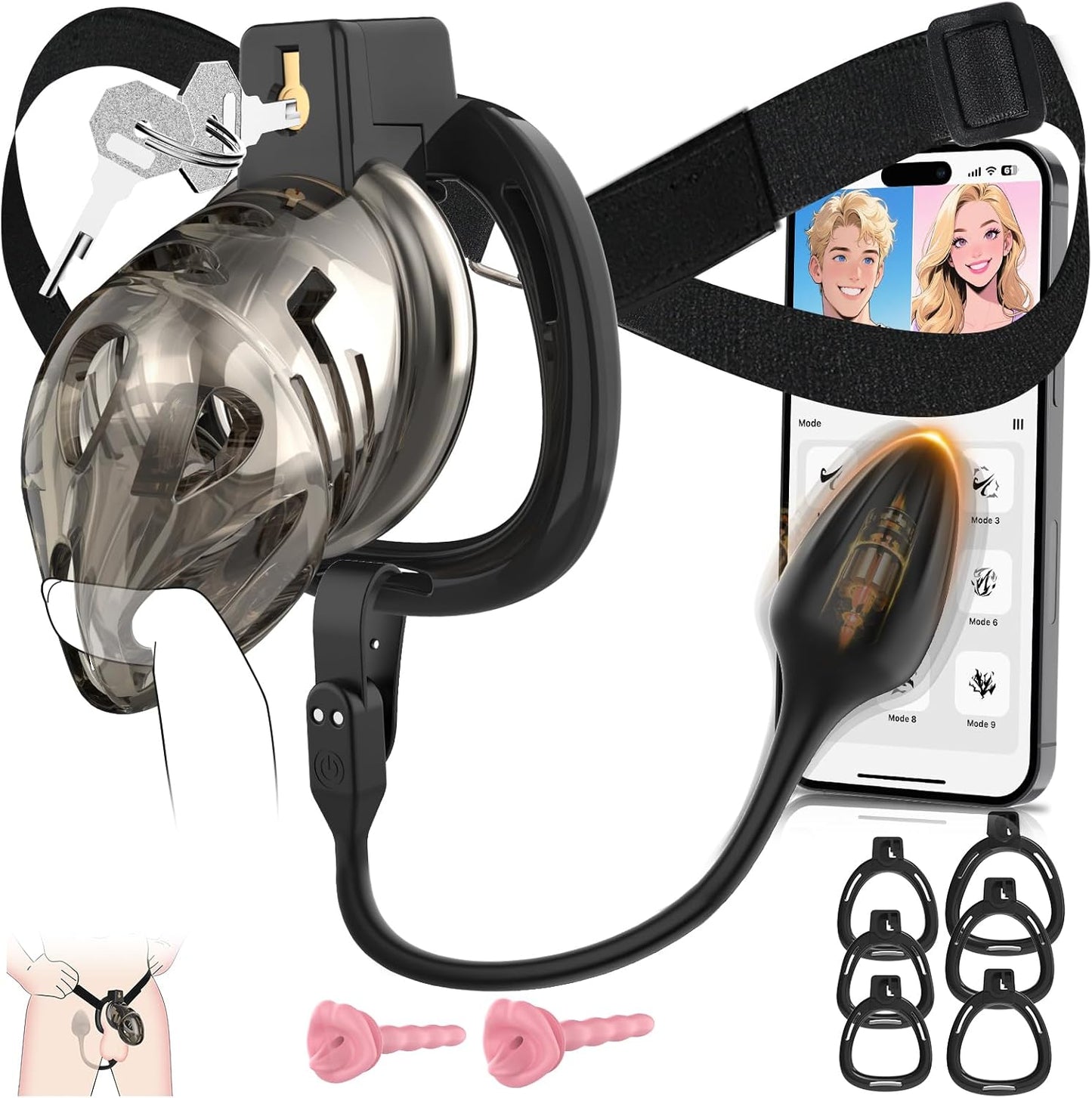 App-controlled Chastity Cage Strap Penis Trainer Sleeve with 6 Sizes Rings