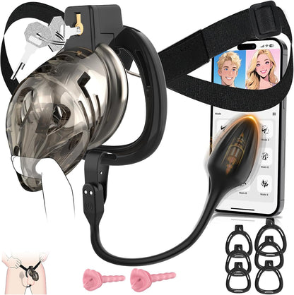 App-controlled Chastity Cage Strap Penis Trainer Sleeve with 6 Sizes Rings