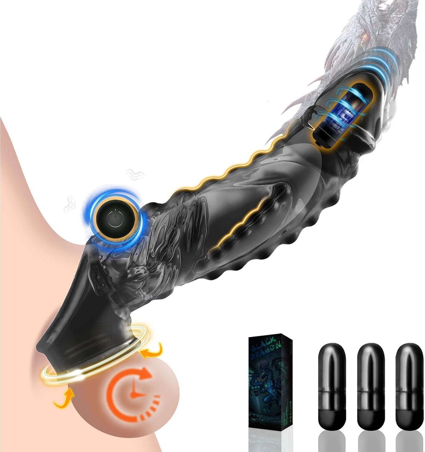 3 in 1 Black Clear Dragon Penis Sleeve Cock Sleeve Enlarger with Three Bullet Vibrators