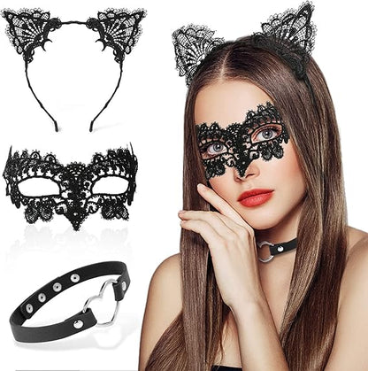 Lace Masquerade Mask Cat Ear Headband with Heart Choker