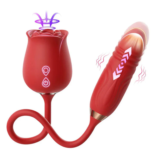 4 IN 1 Clitoris Rose Vibrator Stimulator Dildo Anal Plug with 10 Sucking & 10 Thrusting Modes