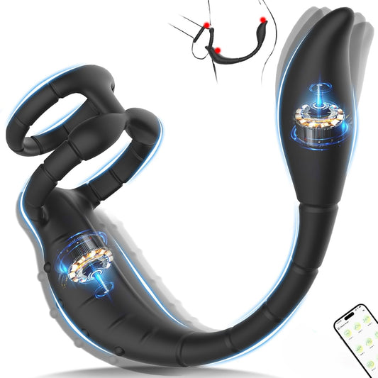 Dual Penis Ring Prostate Massager Anal Vibrator Butt Plug with 9 Vibration Modes