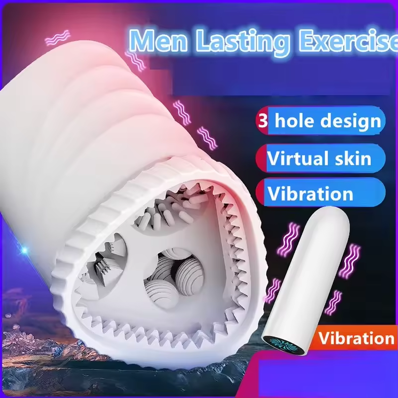 3 Pussy Passages Realistic Penis Glans Stimulator Masturbator with 10 Vibration Modes