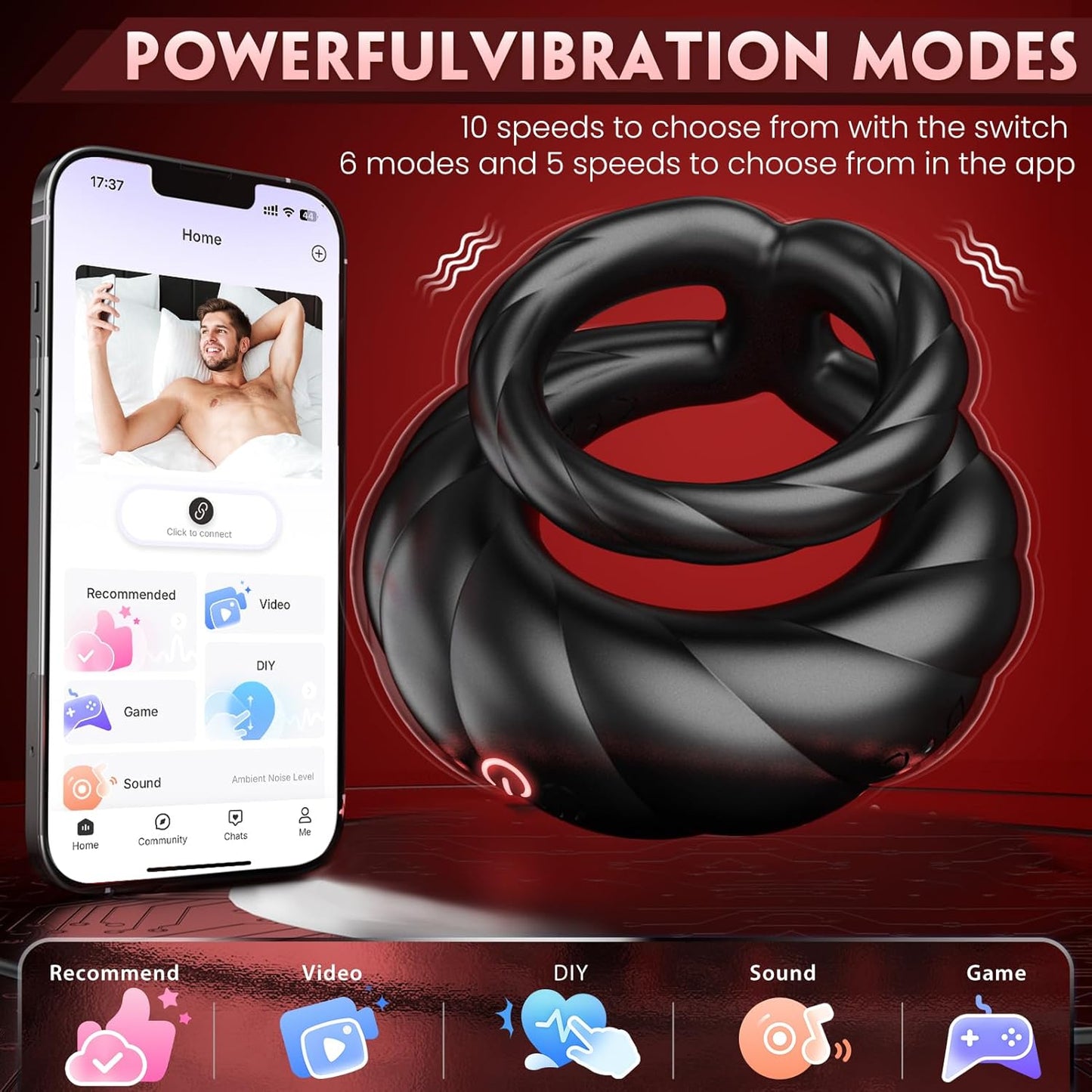 Electric Lock Penis Ring Vibrator Glans Stimulator with 10 Powerful Vibration Modes