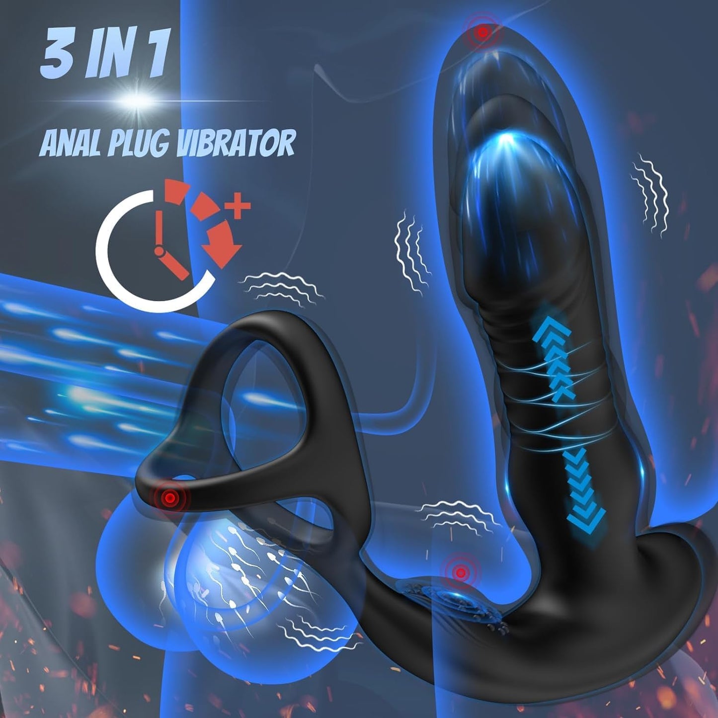 3 IN 1 Prostate Massager Butt Plug Anal Vibrator with 3 Thrusting & 10 Vibrating Modes