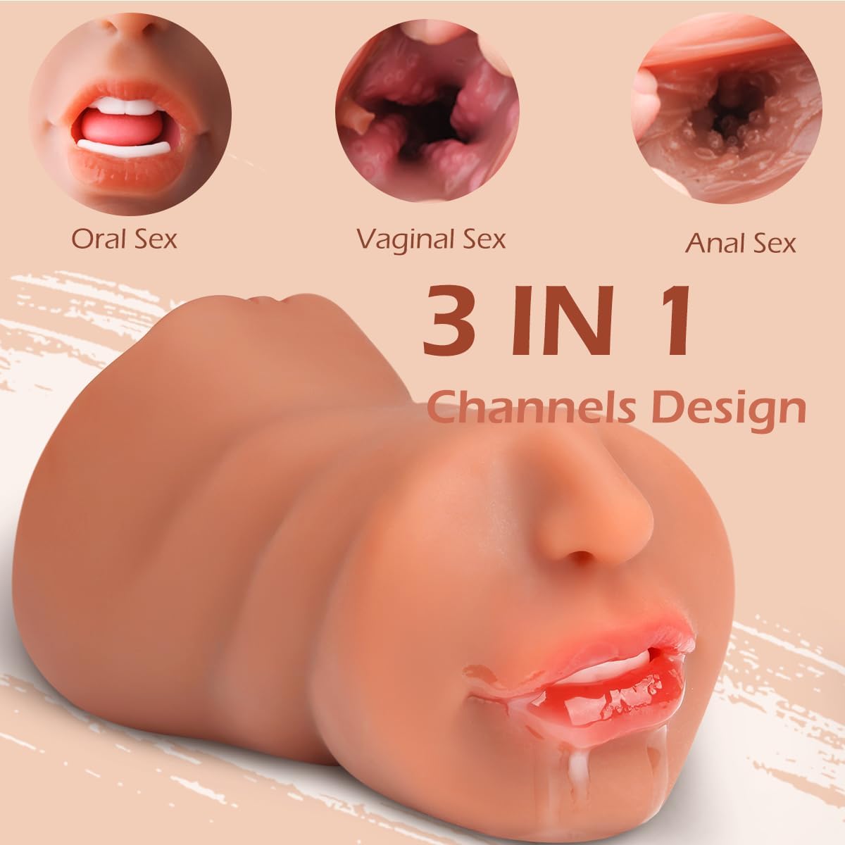 3 in 1 Lifelike Brown Pocket Pussy Masturbators with Vagina & Tight Anus