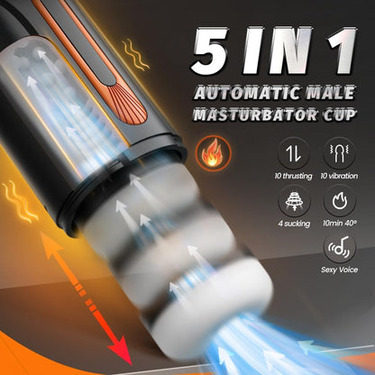 Masturbateur masculin automatique 5 en 1 avec poussée, succion, vibration et chauffage 