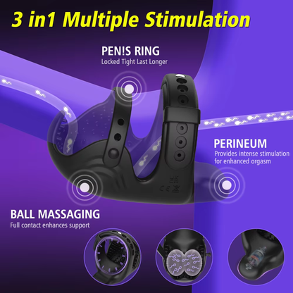 3 IN 1 Cock Ring Penis Vibrator Ball Stimulator Chastity Cage Set with 9 Vibration Modes