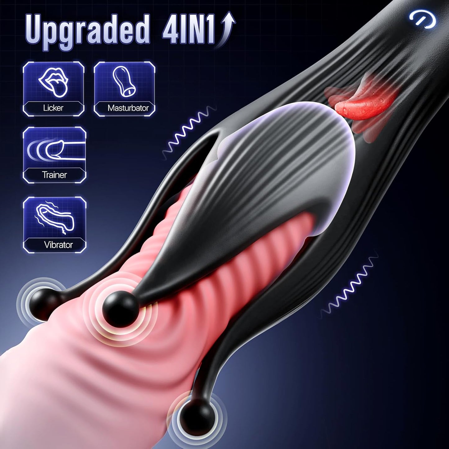 4 IN 1 Penis Vibrator Glans Trainer Stroker Masturbator with 10 Licking & Vibrating