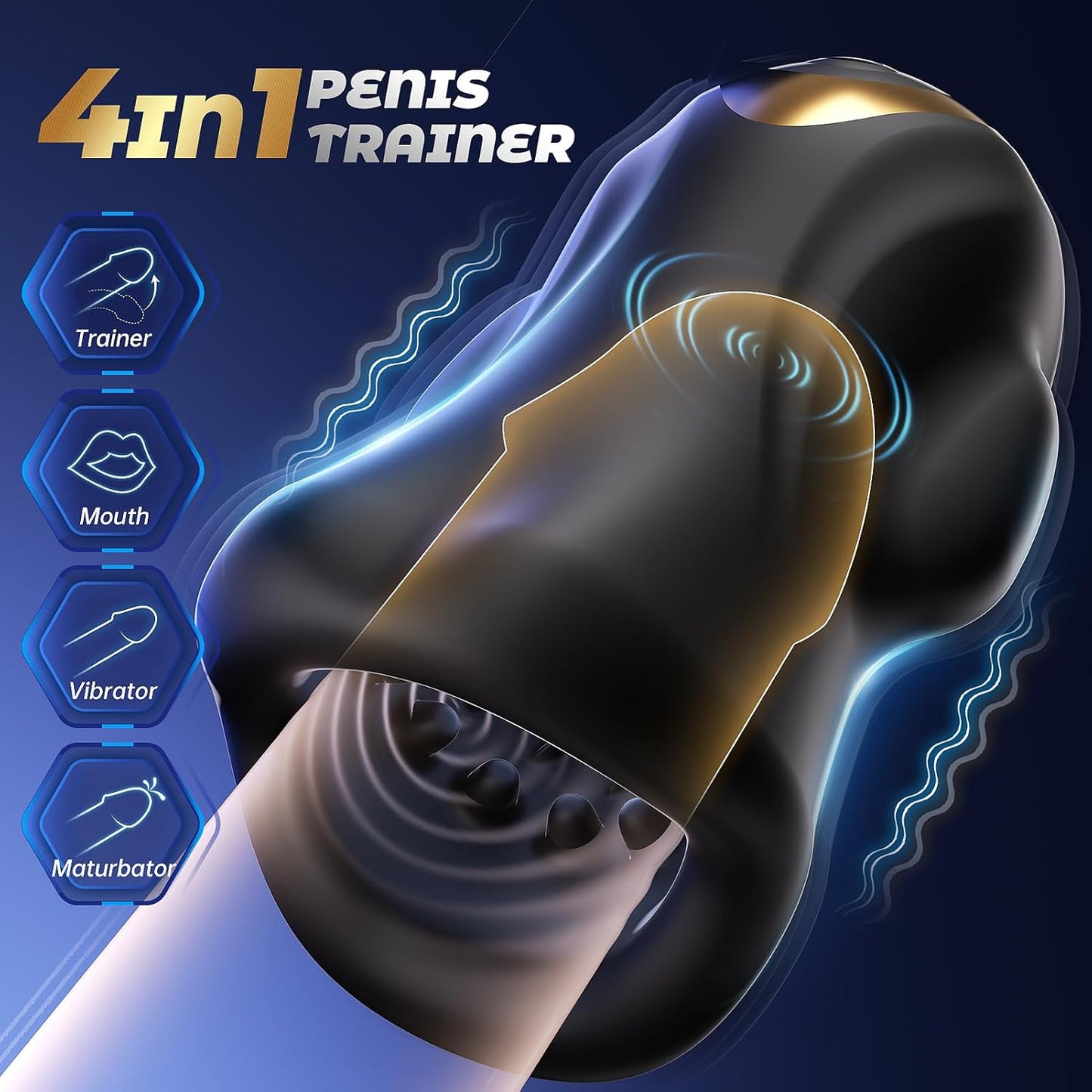 4 IN 1 Penis Trainer Stimulator Blowjob Masturbator with 9 Vibrating Modes & 3 Motors