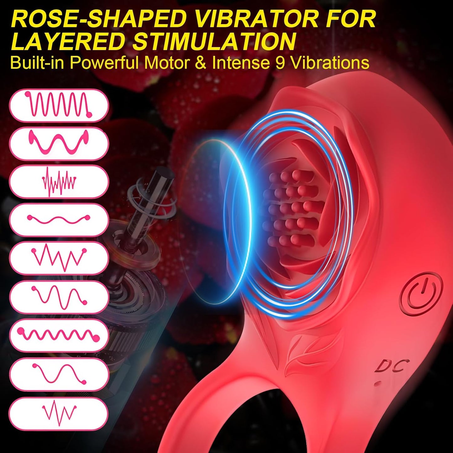 Rose Vibrator Clitoris Stimulator Penis Ring Testicle Massager with 9 Vibration Modes