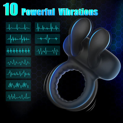 Anneau pénien télécommandé et réglable à 10 vibrations avec oreilles de lapin 