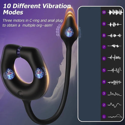 3 Motor Penis Ring Prostate Massager Anal Butt Plug with 10 Intense Vibration Modes