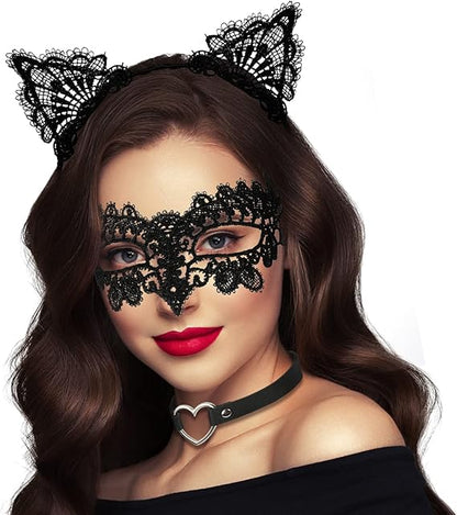 Lace Masquerade Mask Cat Ear Headband with Heart Choker