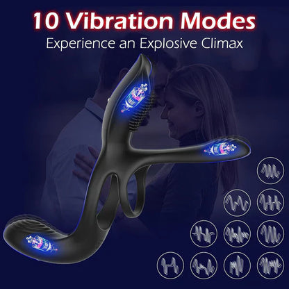3 in 1 Anal Vibrator Prostate Massager Penis Ring with 10 Strong Vibration Modes