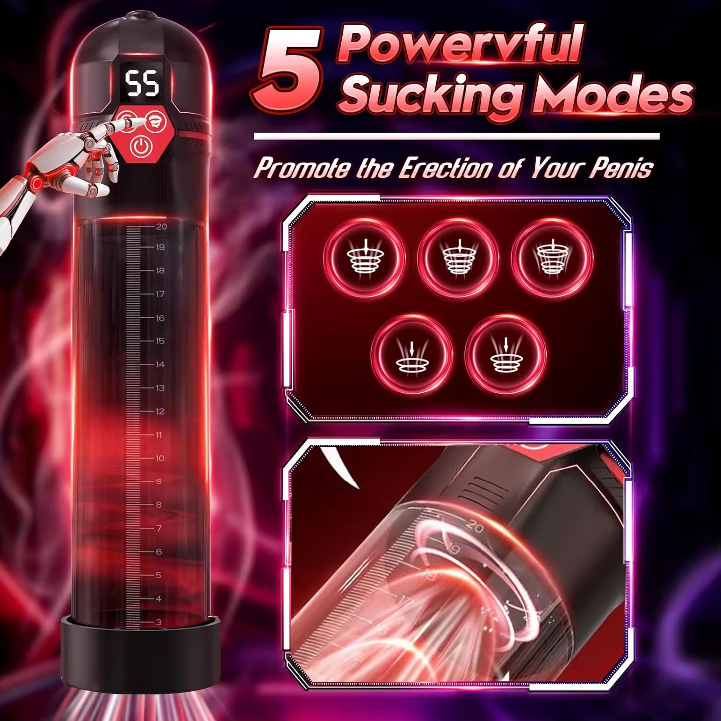 LCD Display Penis Pump Extender Masturbator with 4 Pressure Levels & 9 Suctions