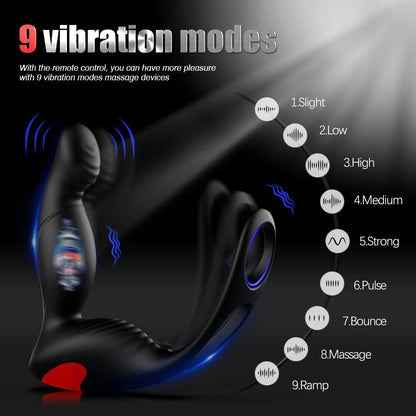 Jouets anaux de vibrateur de 9 modes de vibration avec le stimulateur sexuel de prostate d'anneau de coq 