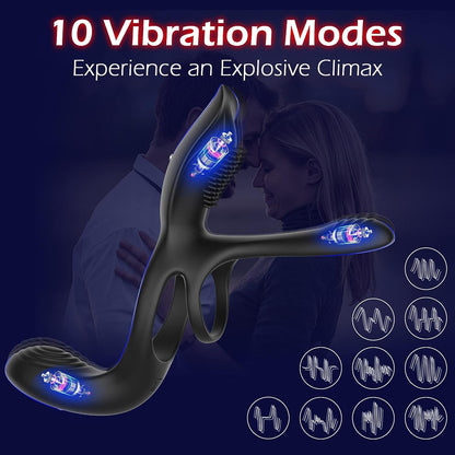 Anneau pénien vibrant 3 en 1 avec 10 modes de vibration puissants 