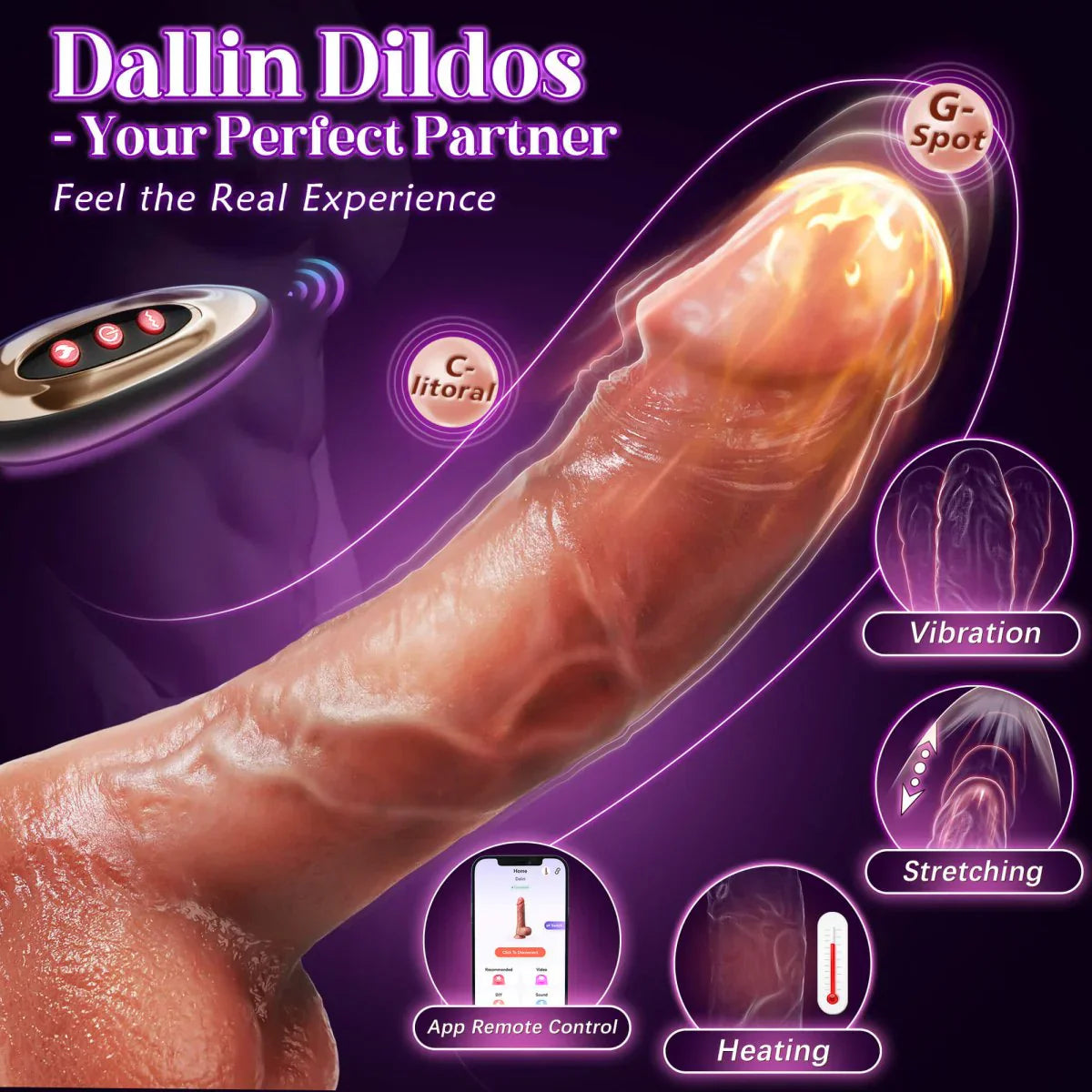 App-control Realistic Big Dildo with Heating & Vibrating & Stretching Modes