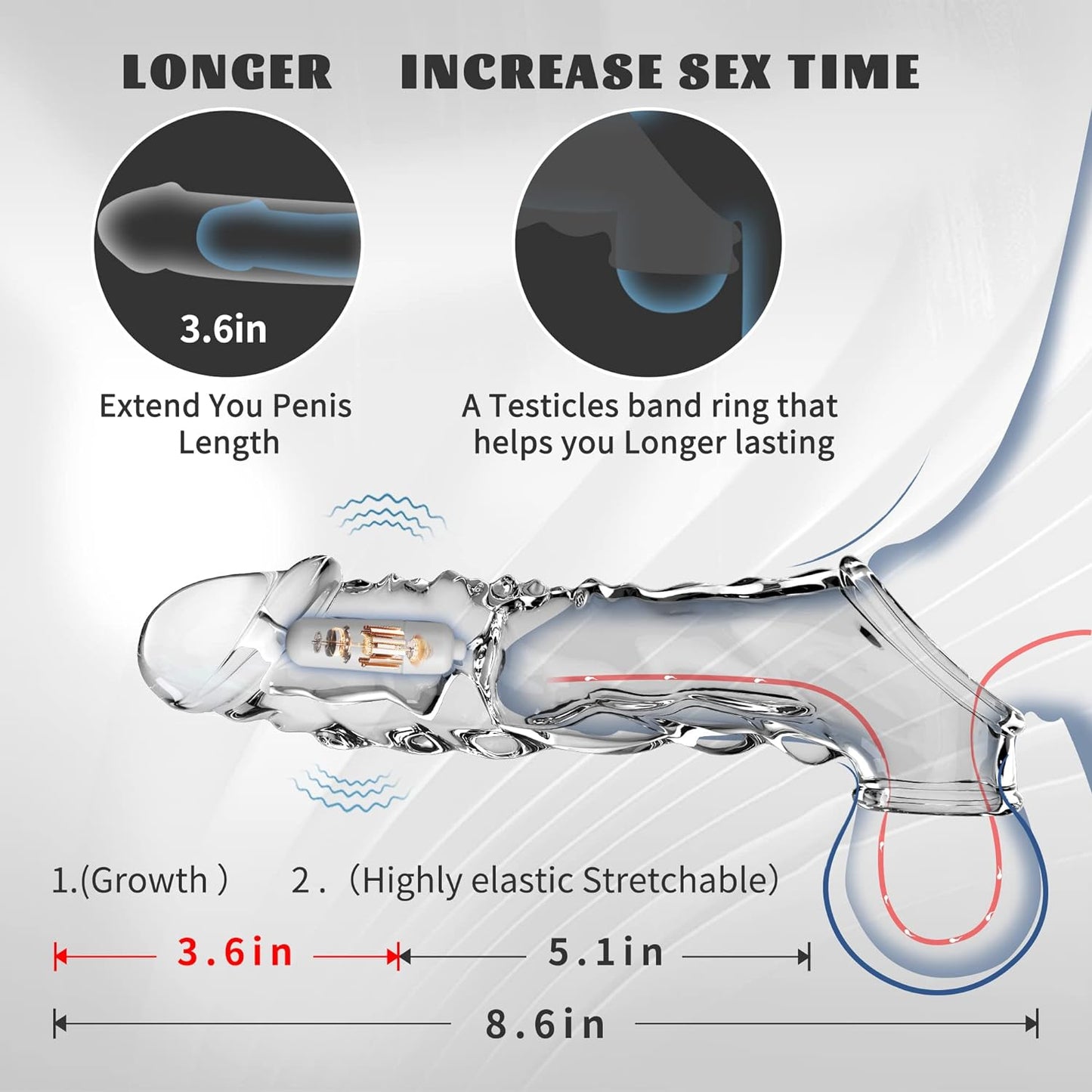 3.6 inch Clear Penis Sleeve Cock Ring Extender with Vibrator Penis Ring