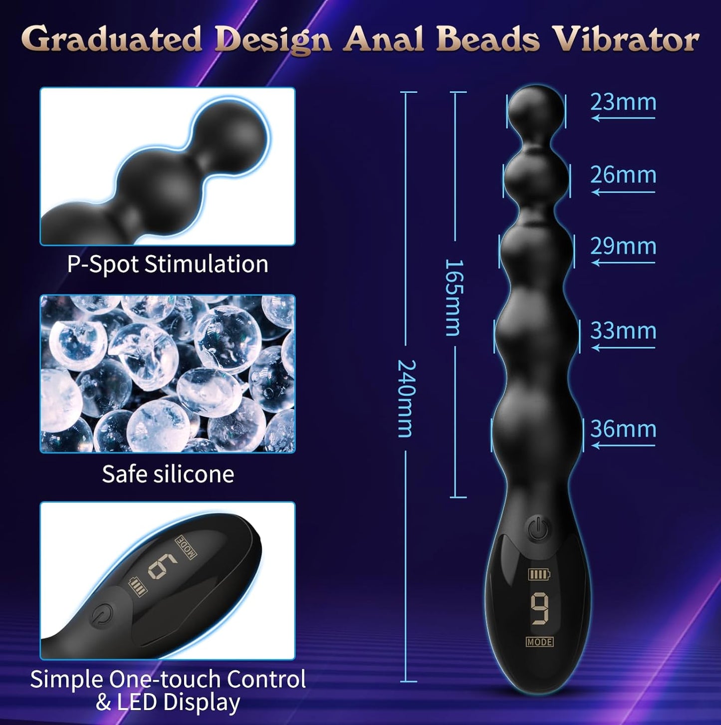 Vibromasseur à perles anales pour adultes avec 9 modes de vibration puissants 