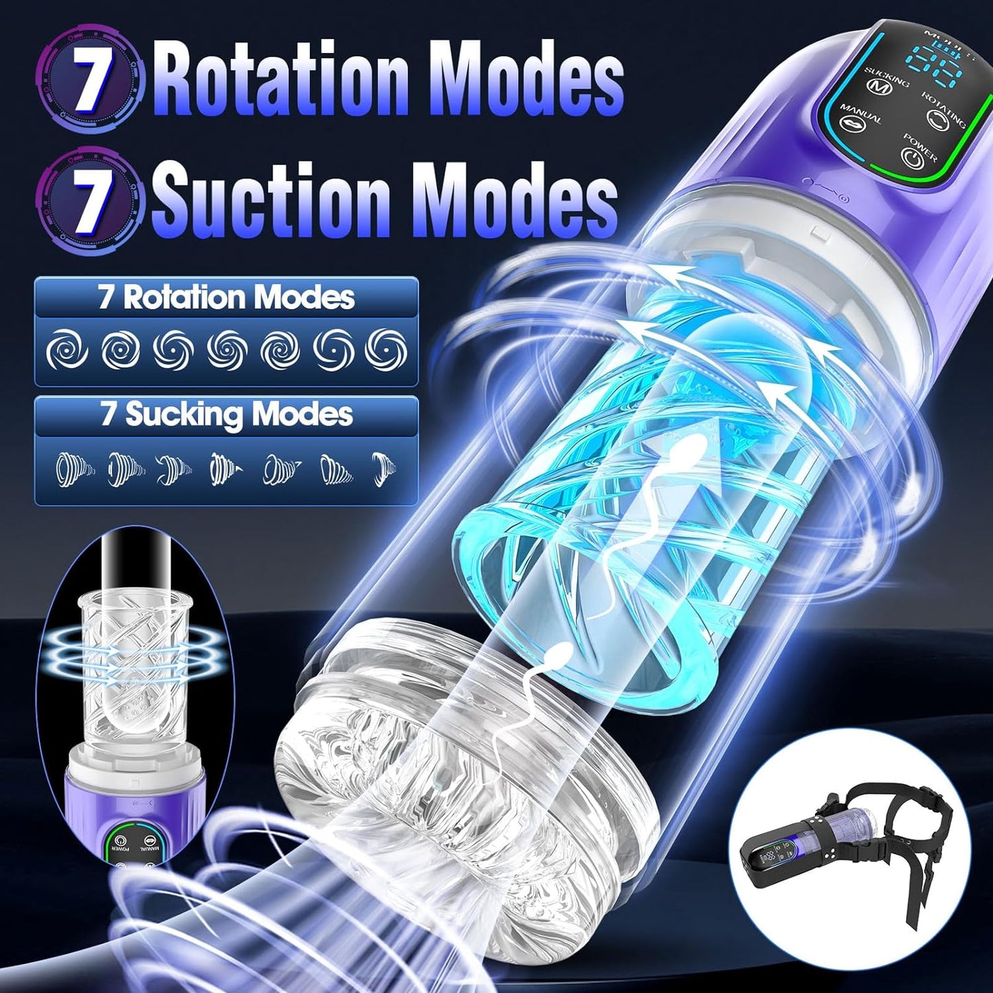 LED Display Automatic Male Masturbator with 7 Rotating & 7 Sucking & Licking Modes