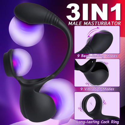 Portable Rolling Penis Trainer Stimulator Cock Ring with 9 Vibration & Rolling Modes