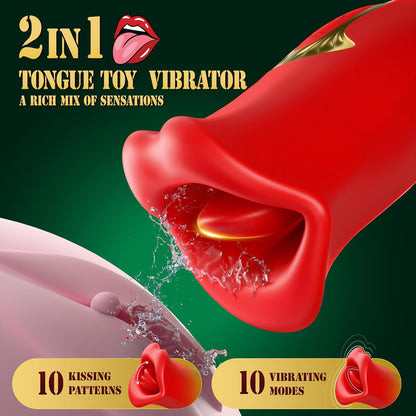 Rose Tongue Vibrator Clitoral Stimulator with 10 Vibration & 10 French Kissing Modes