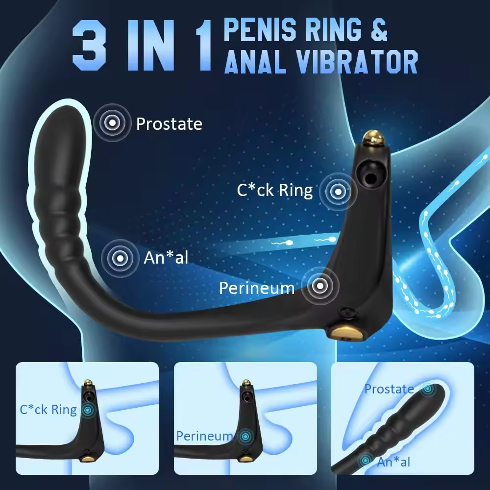 3 IN 1 Adjustable Penis Ring Anal Vibrator Prostate Massager with 10 Vibration Modes